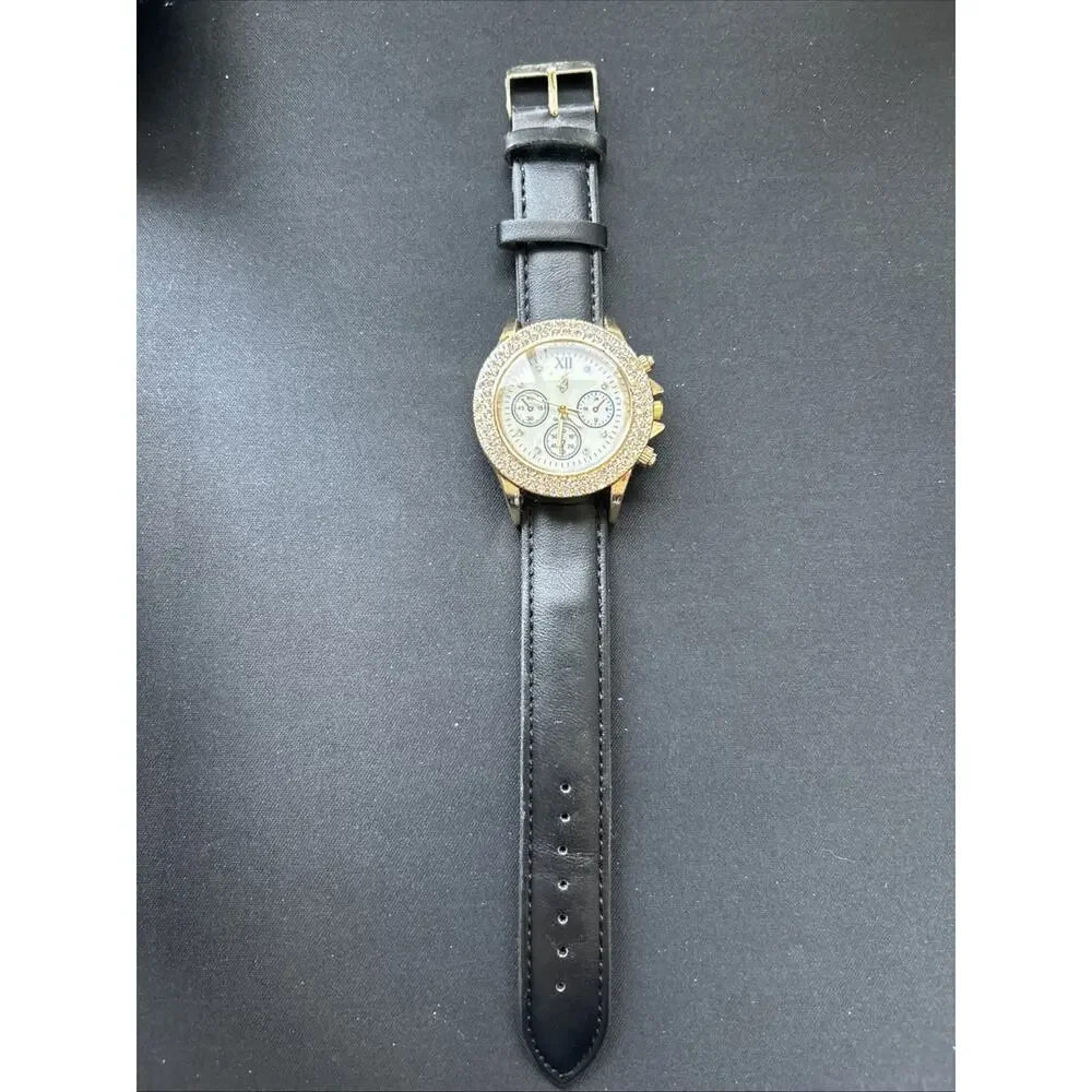 Gold Tone MOP Dial Black Band Women’s Quartz Watch